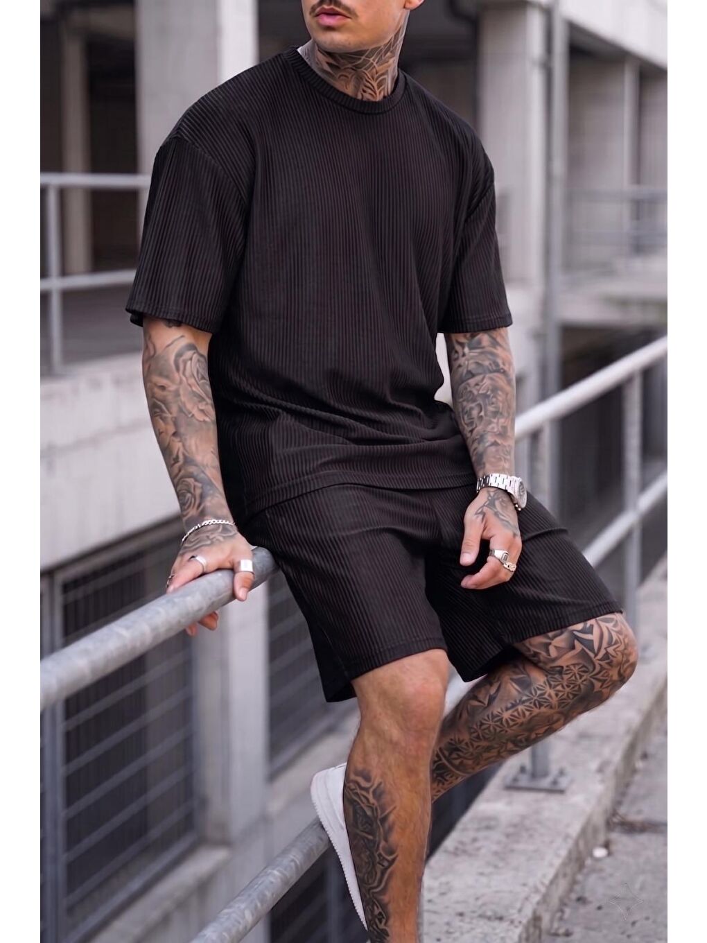 Siyah Ches Ottoman Oversize Erkek Şort Tişört Takım-1
