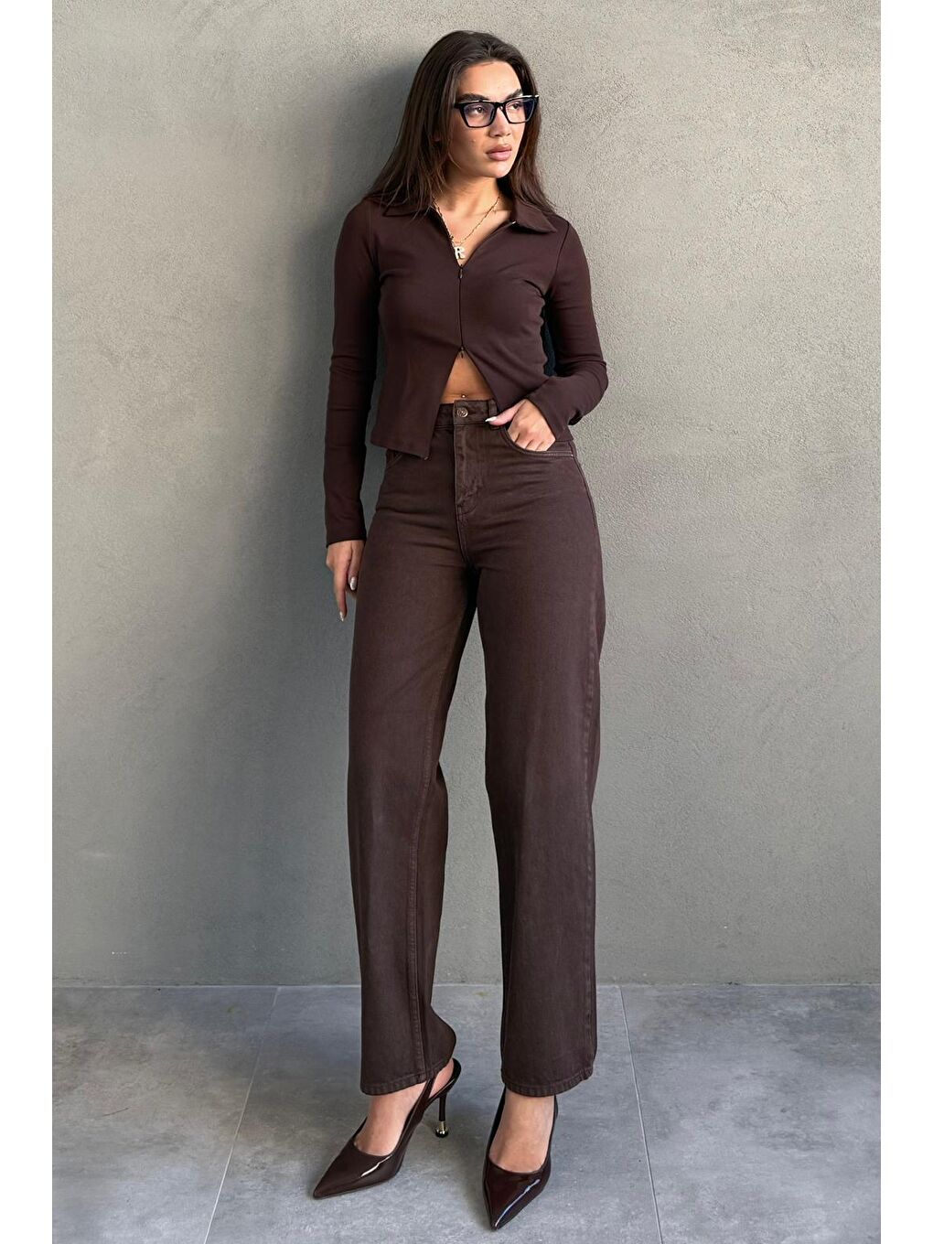 Kahverengi Yüksek Bel Mom Fit Kadın Jean Mg2654-5