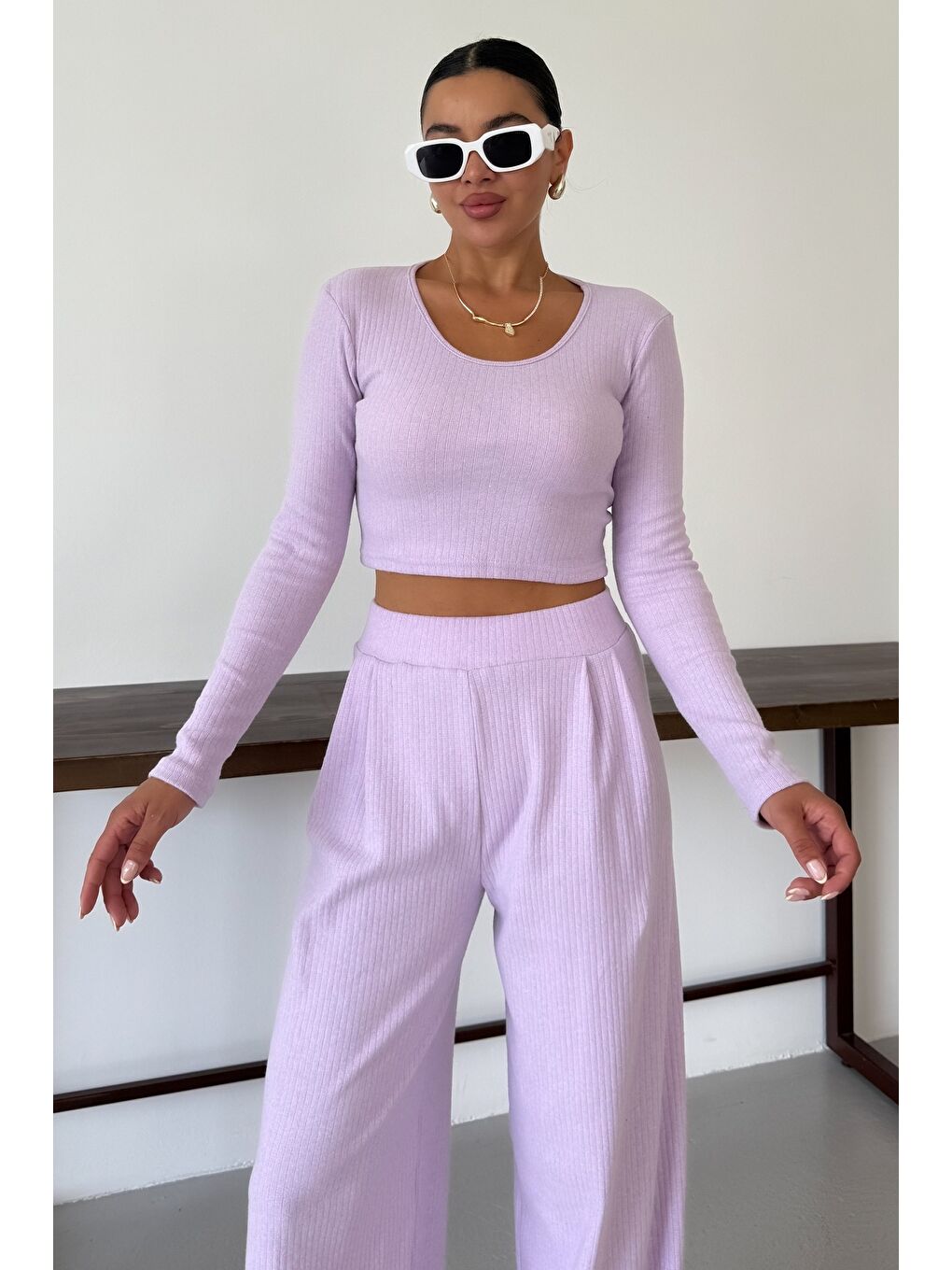 Mor Kadın Eflatun Yuvarlak Yaka Bluzlu Alt-Üst Pantolonlu İnterlok Takım-3