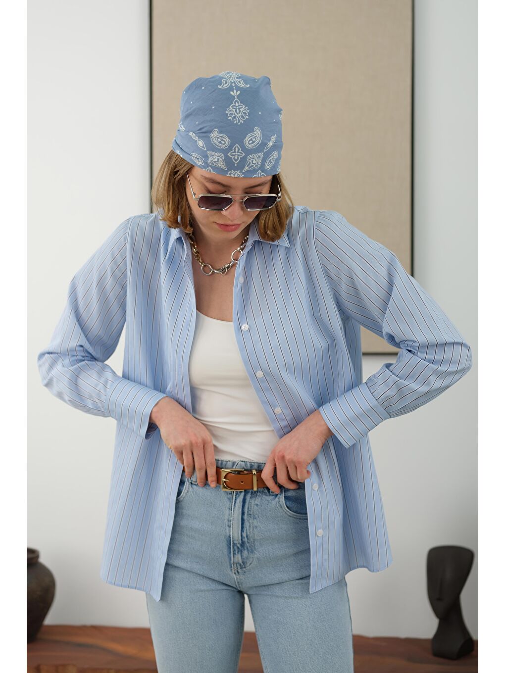 Çizgili Fit Gömlek Mavi-2