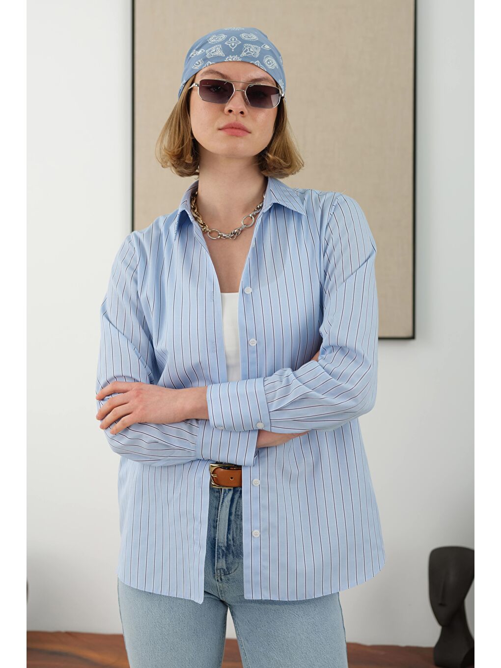 Çizgili Fit Gömlek Mavi-3