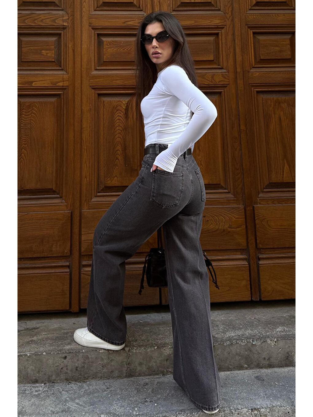 Kahverengi %100Pamuklu Geniş Paça Yüksek Bel Kadın Wide Leg Jean Mg2623-5