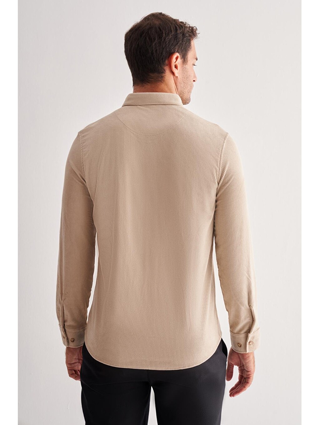 Bej Smart Düğmeli Yaka Uzun Kol Cepsiz Slim Fit Casual Gömlek 1004255168-4