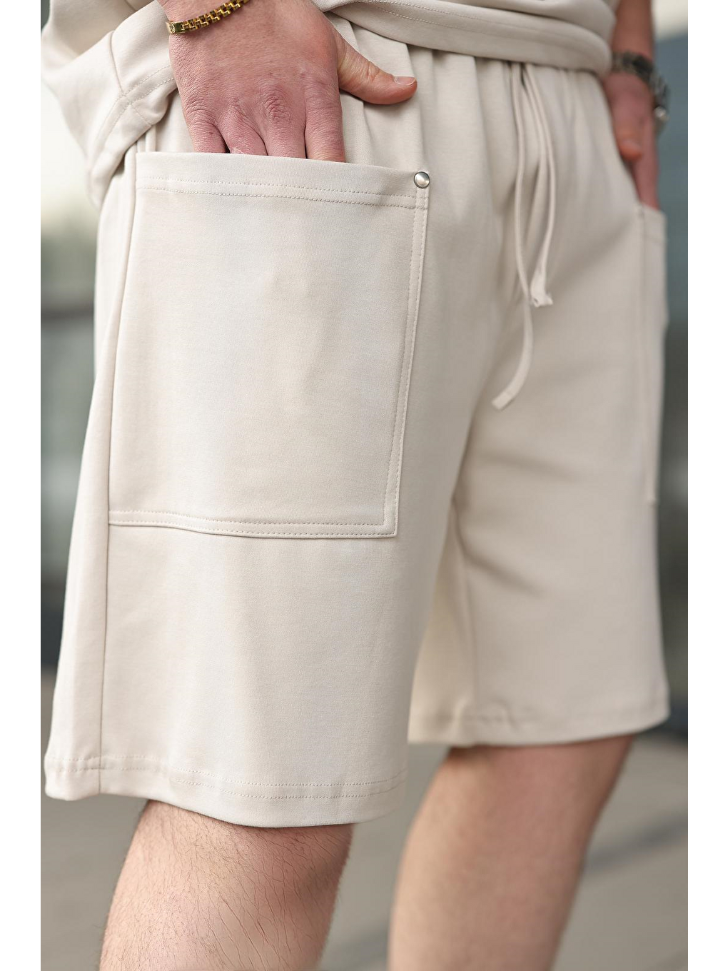 Bej Taş Rengi Bisiklet Yaka Oversize Erkek Şort T-Shirt Takım E7355-4