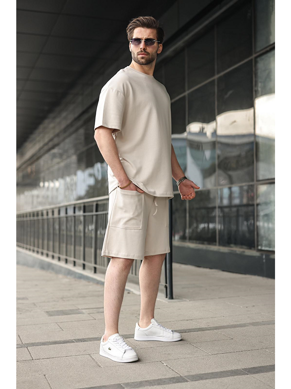 Bej Taş Rengi Bisiklet Yaka Oversize Erkek Şort T-Shirt Takım E7355-5