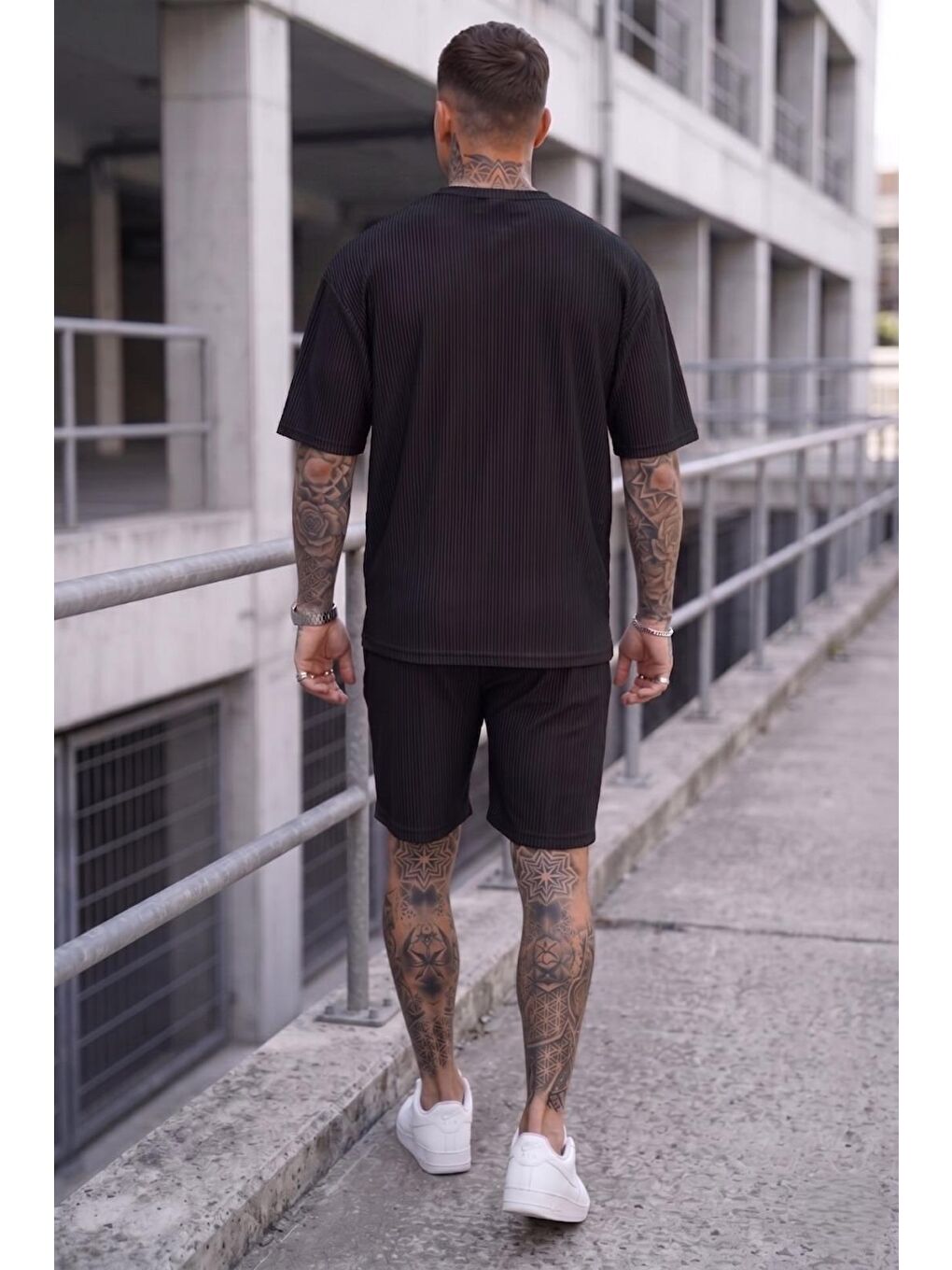 Siyah Ches Ottoman Oversize Erkek Şort Tişört Takım-2