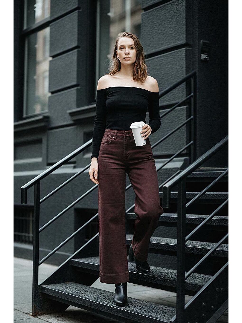 Kahverengi Düz Kesim Geniş Paça Kadın Flared Jean Mg2630