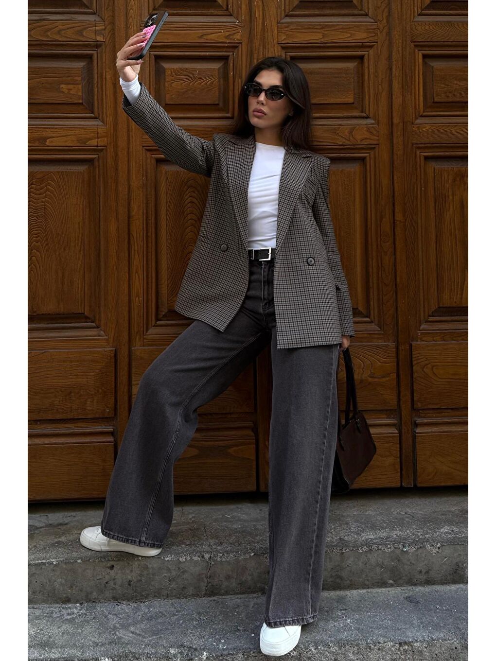 Kahverengi %100Pamuklu Geniş Paça Yüksek Bel Kadın Wide Leg Jean Mg2623-7