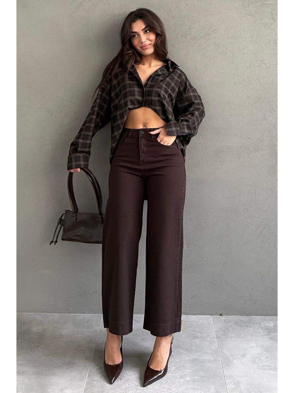 Kahverengi Düz Kesim Geniş Paça Kadın Flared Jean Mg2630-2