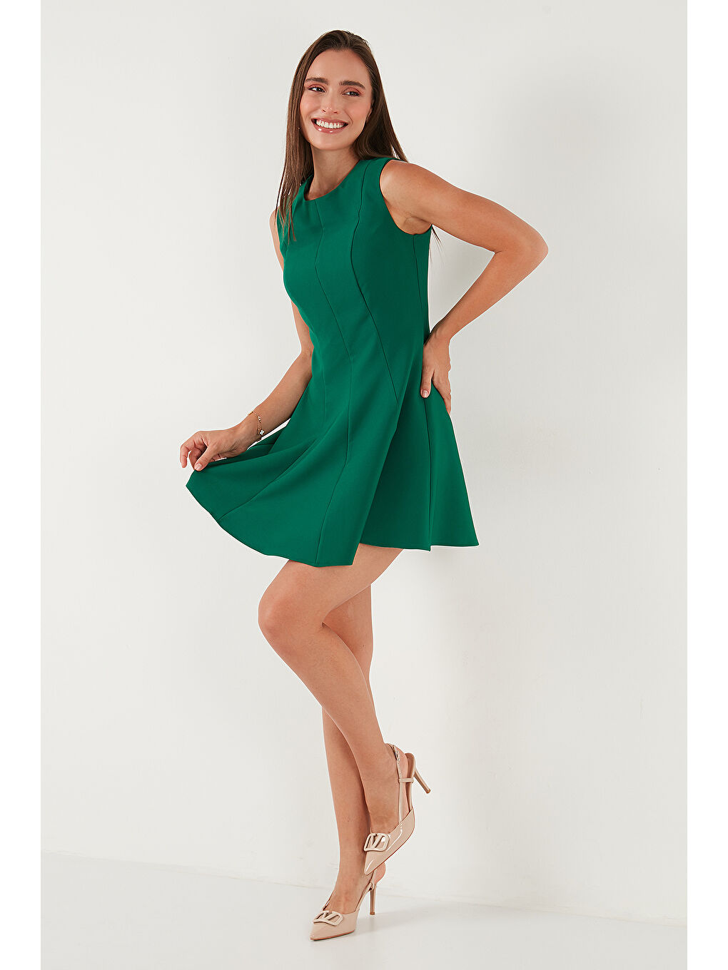 Yeşil Regular Fit Bisiklet Yaka Volanlı Mini Boy Elbise 6525647-4