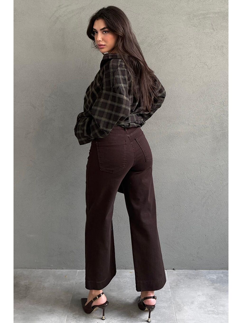 Kahverengi Düz Kesim Geniş Paça Kadın Flared Jean Mg2630-3