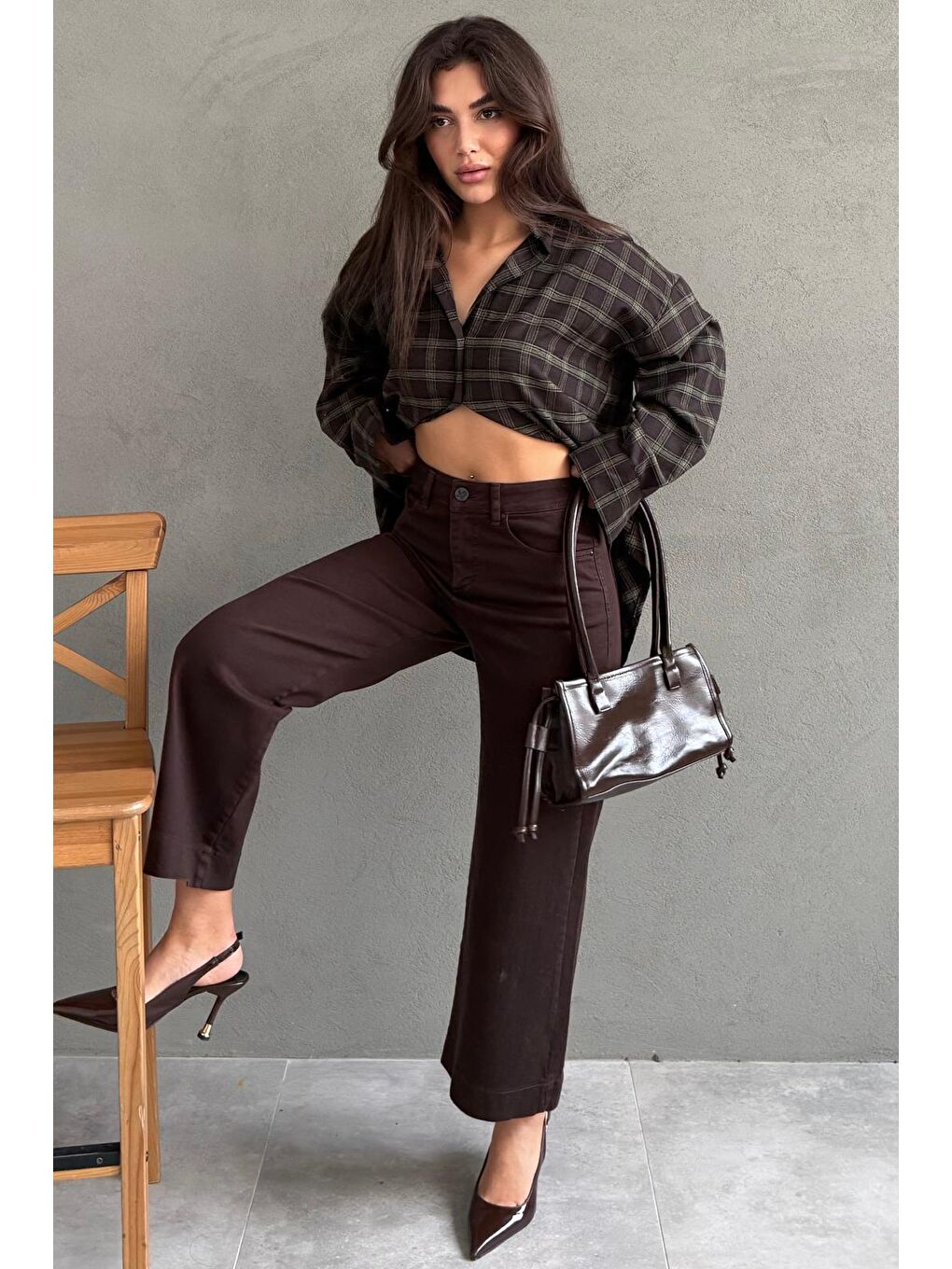 Kahverengi Düz Kesim Geniş Paça Kadın Flared Jean Mg2630-4