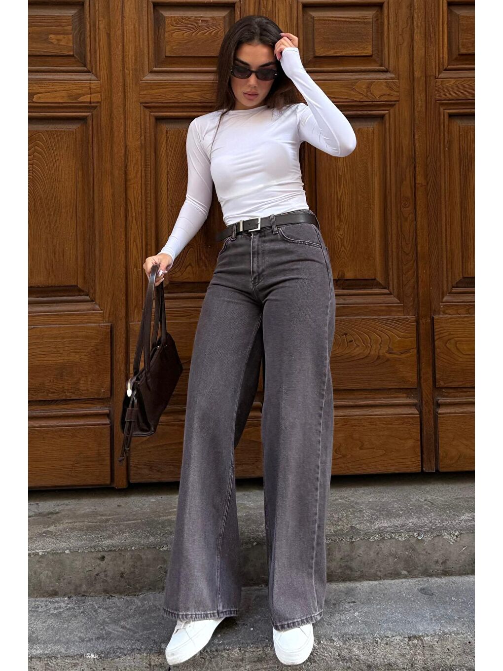 Kahverengi %100Pamuklu Geniş Paça Yüksek Bel Kadın Wide Leg Jean Mg2623-8