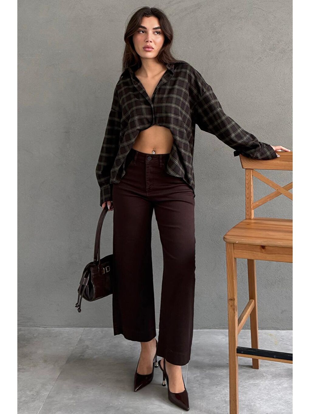 Kahverengi Düz Kesim Geniş Paça Kadın Flared Jean Mg2630-5