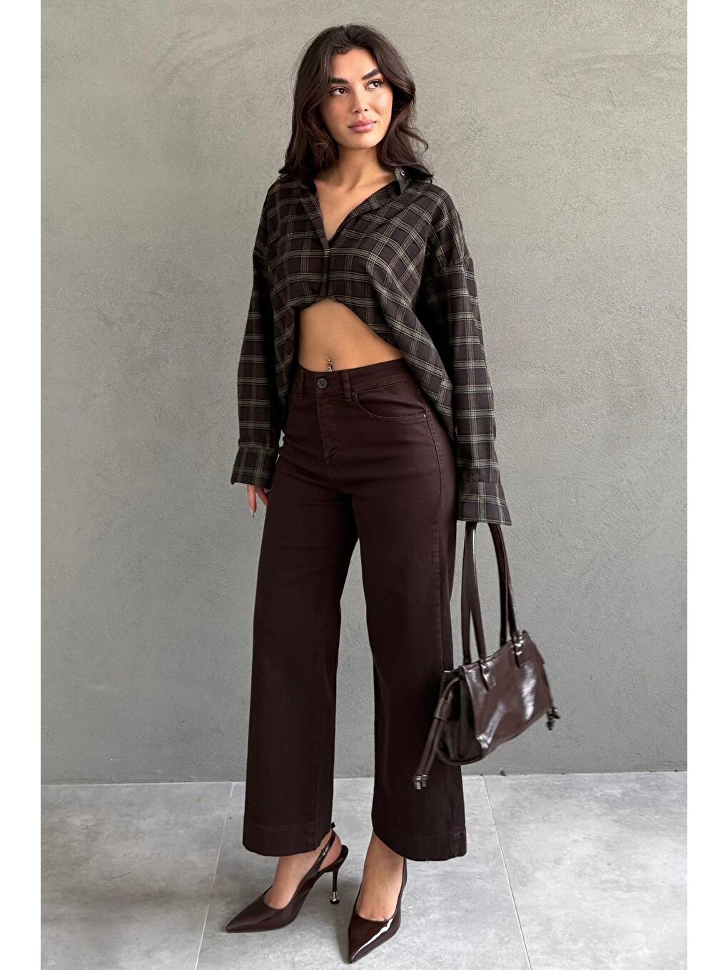 Kahverengi Düz Kesim Geniş Paça Kadın Flared Jean Mg2630-6