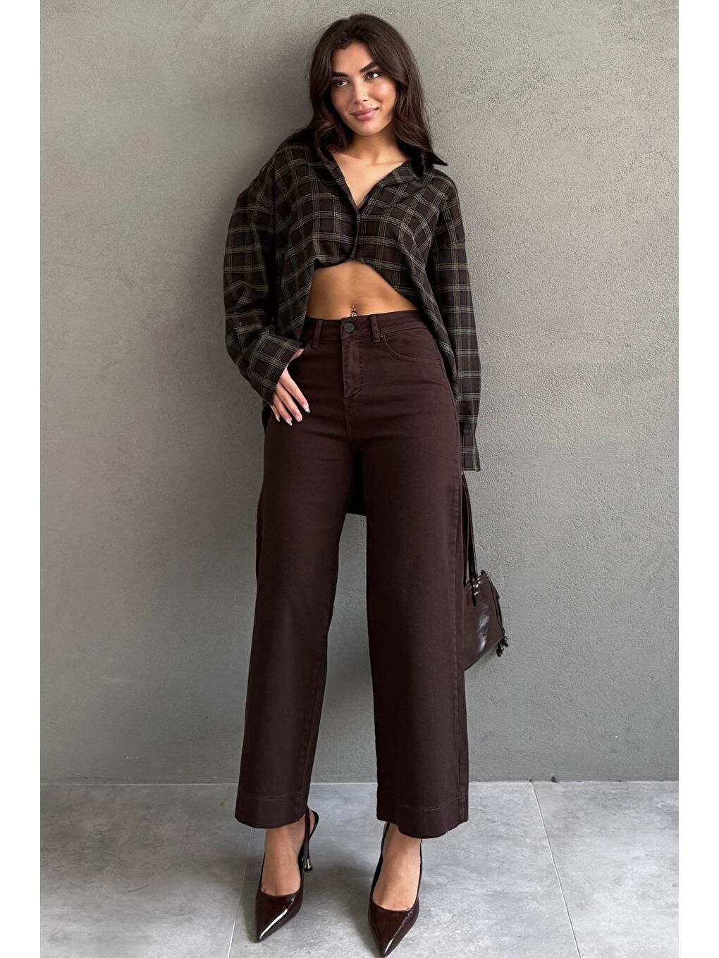 Kahverengi Düz Kesim Geniş Paça Kadın Flared Jean Mg2630-7