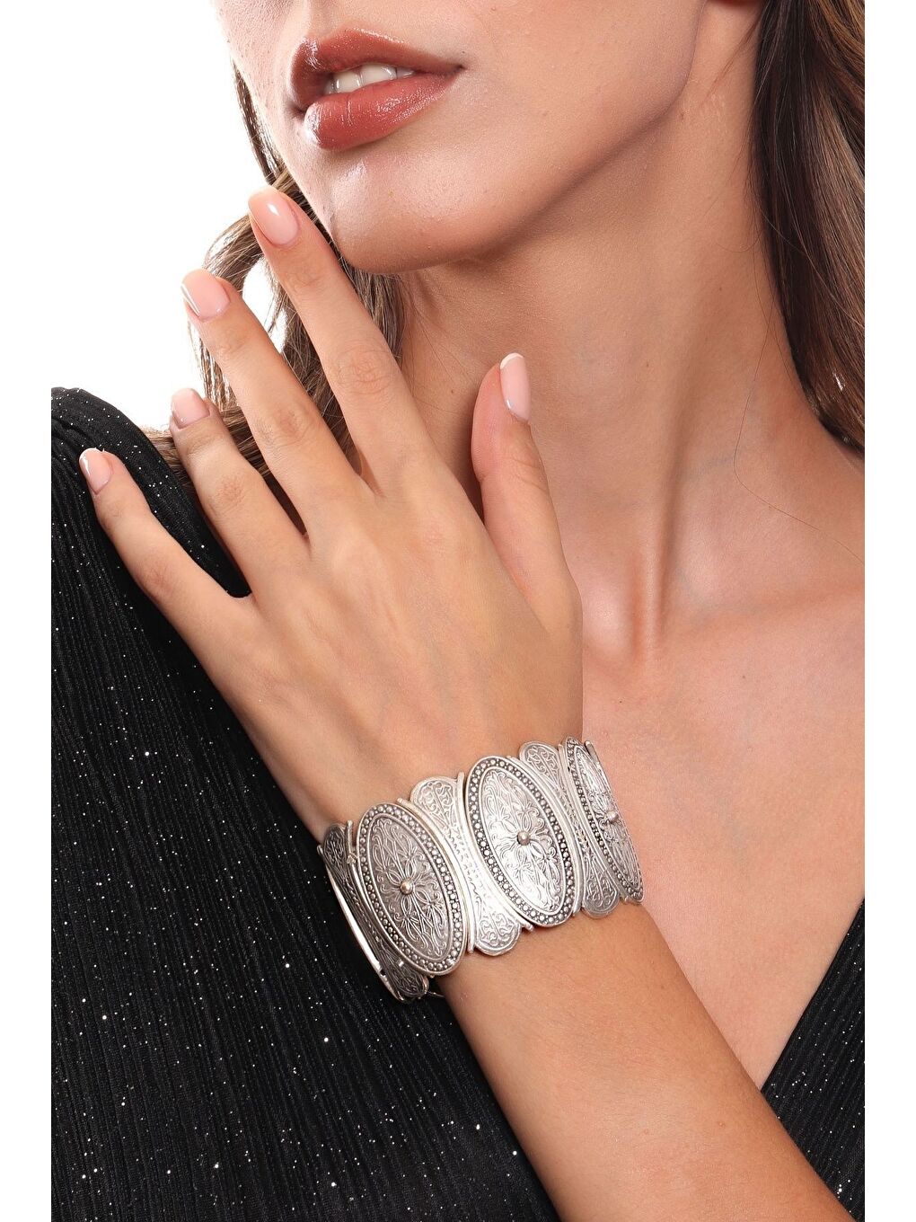 Gri Kadın Antik Gümüş Kaplama Osmanlı Motifli Lastikli Bohem Bileklik & Üst Kol Aksesuarı-2