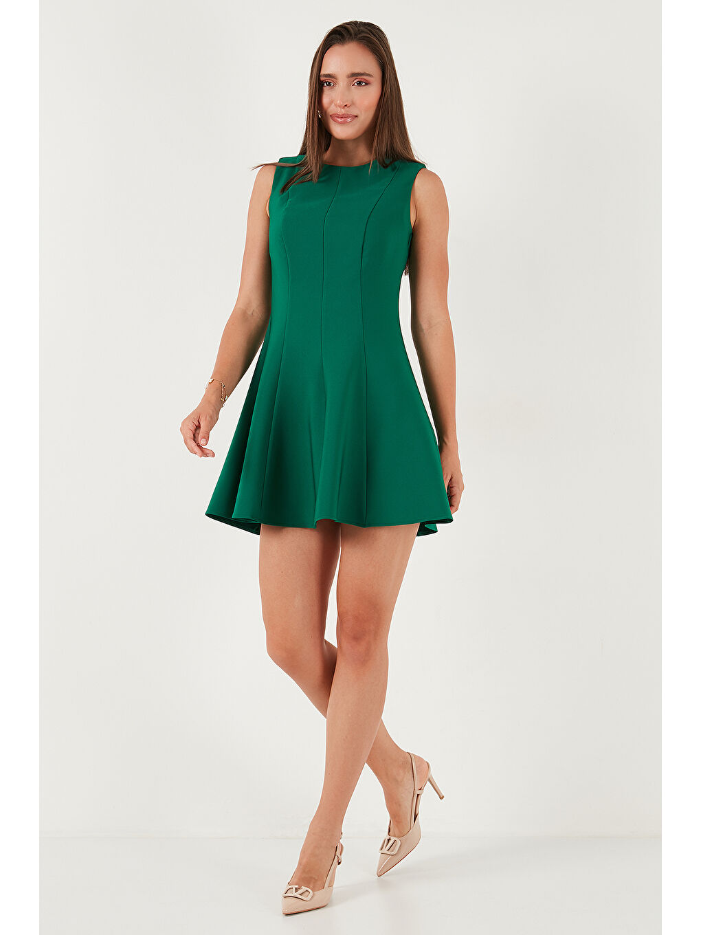 Yeşil Regular Fit Bisiklet Yaka Volanlı Mini Boy Elbise 6525647-5