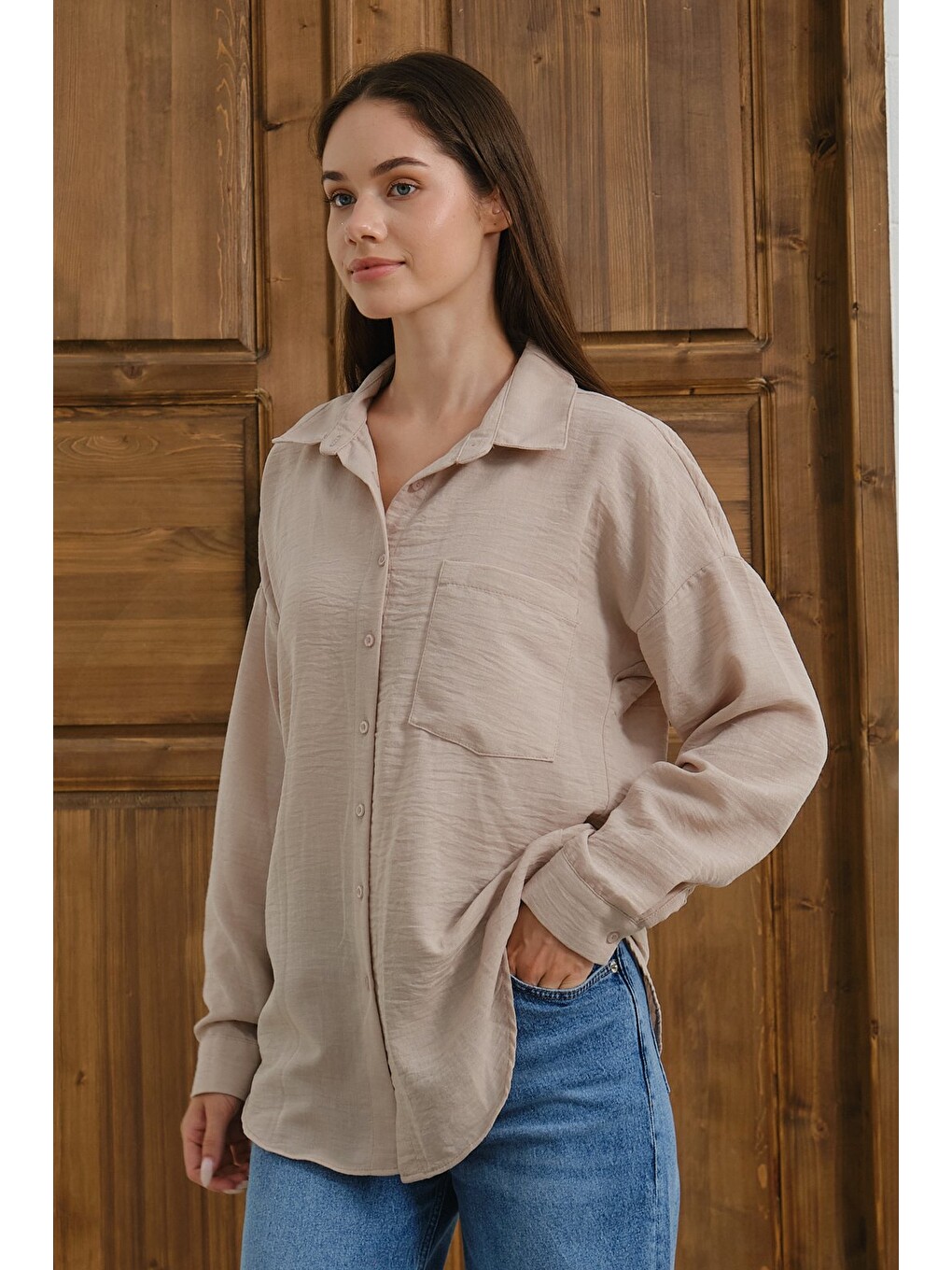 Bej Kadın Oversize Gömlek Uzun Kollu Pamuklu Rahat Kalıp Günlük Basic Gömlek-3