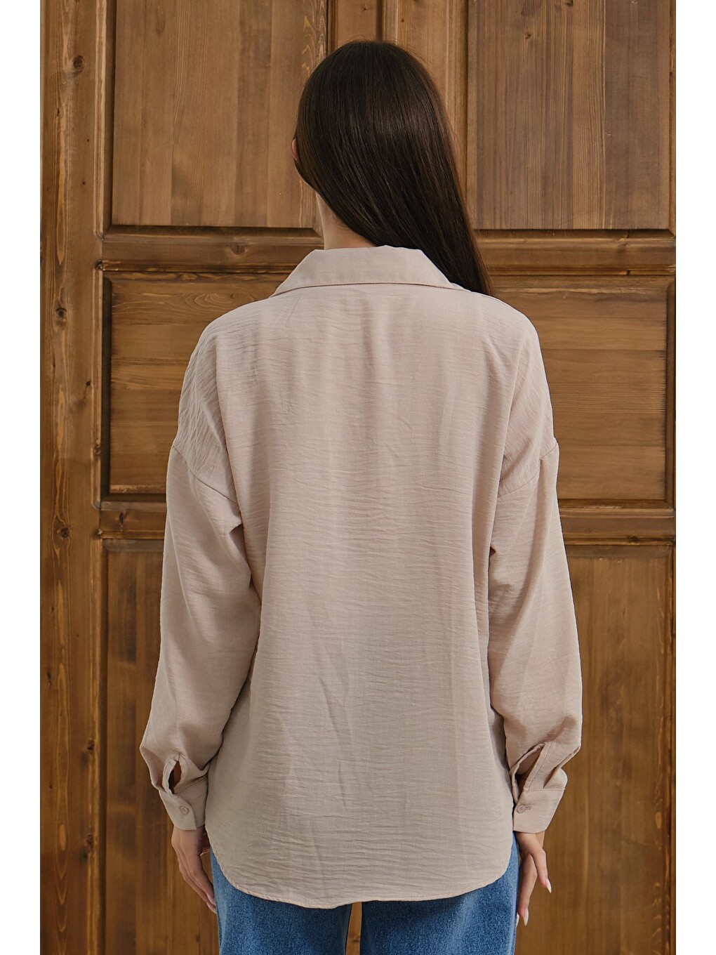 Bej Kadın Oversize Gömlek Uzun Kollu Pamuklu Rahat Kalıp Günlük Basic Gömlek-5