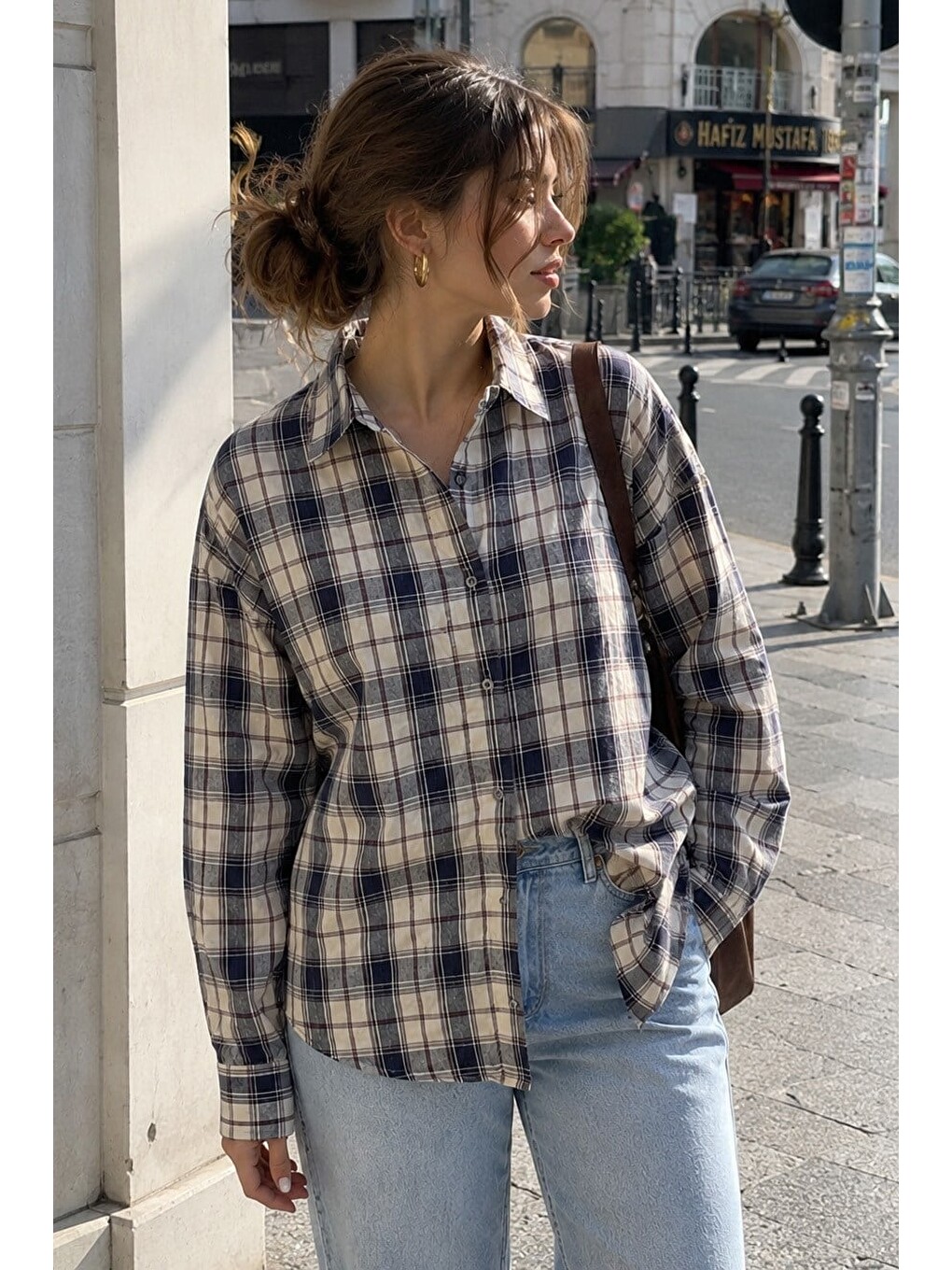 Lacivert Basic Kare Desenli Kadın Gömlek Mg2828