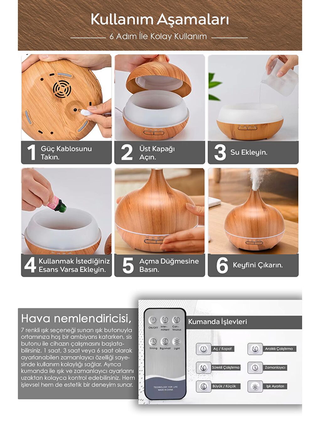 Oda Hava Ne mlendirici 7 Renk LED Işıklı Buhar Makinesi Aroma Difüzörü Humidifier Açık Kahve-2