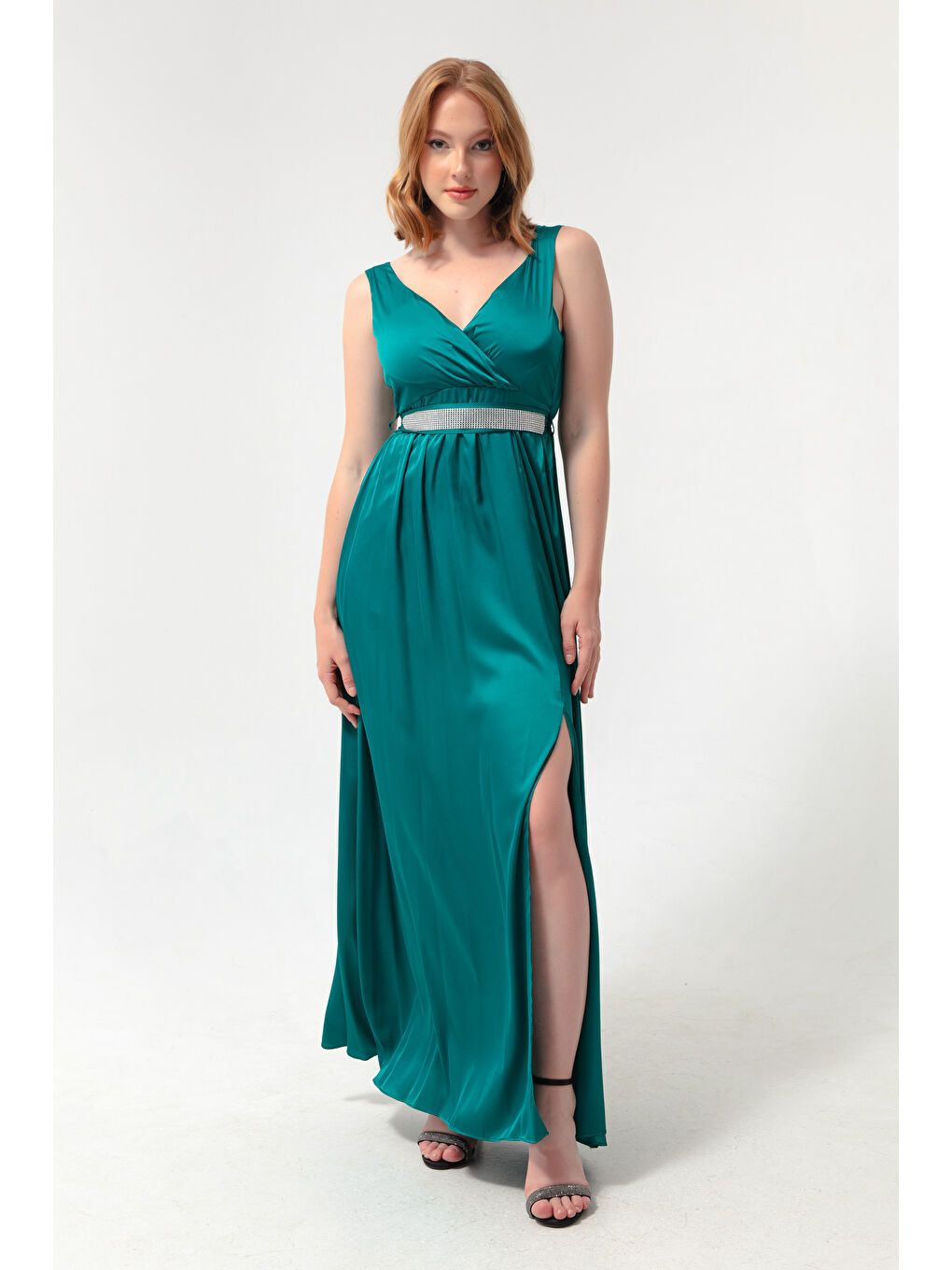 Kadın Yeşil Kruvaze Yaka Taşlı Kemerli Uzun Abiye Elbise-1