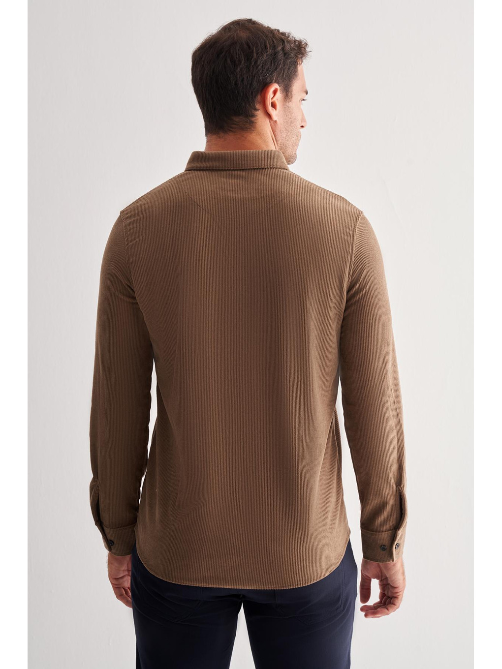 Kahverengi Koyu Vizon Smart Düğmeli Yaka Uzun Kol Cepsiz Slim Fit Casual Gömlek 1004255168-4