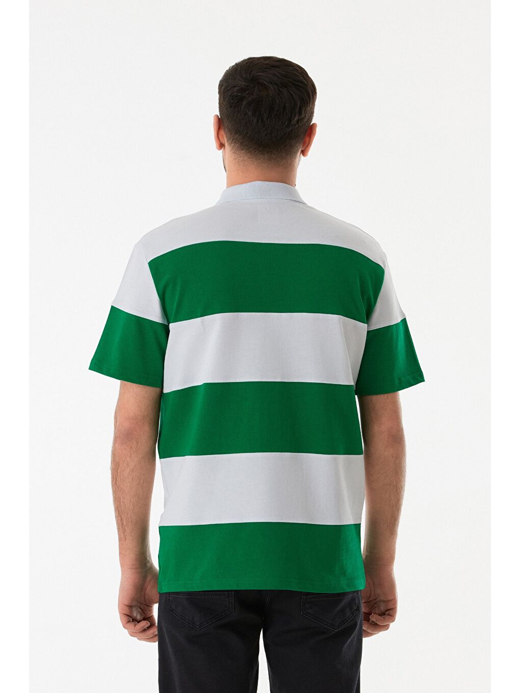 Yeşil Yarım Fermuarlı Polo Yaka Renk Bloklu Tişört-2