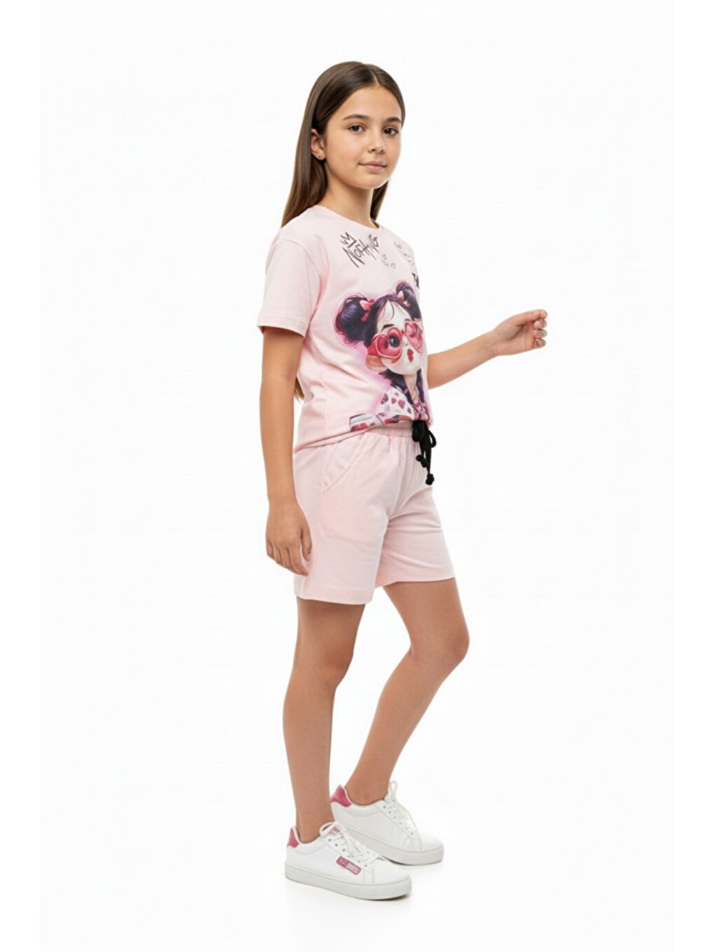 Pembe Kız Çocuk 2'li Şortlu Takım Bisiklet Yaka Kısa Kollu Baskılı Tişört - Beli Lastikli Bağlamalı Cepli-1