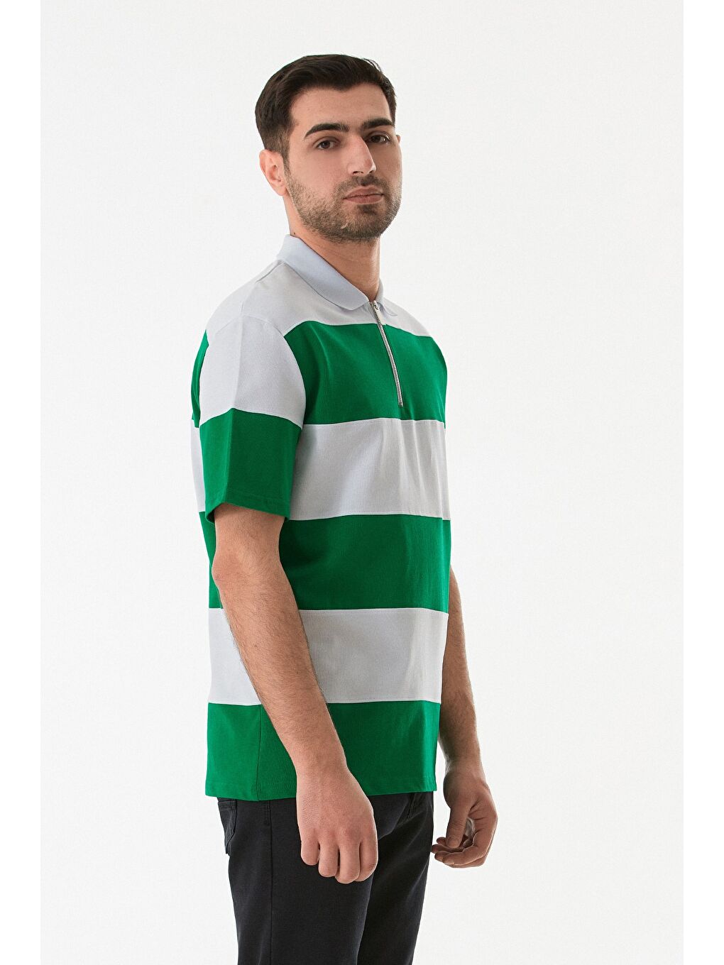 Yeşil Yarım Fermuarlı Polo Yaka Renk Bloklu Tişört-3