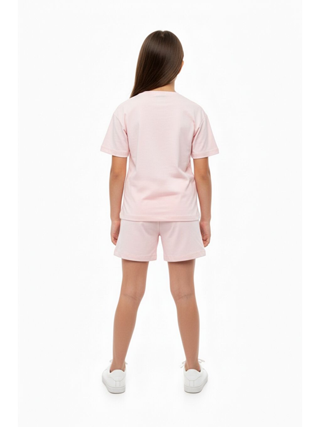 Pembe Kız Çocuk 2'li Şortlu Takım Bisiklet Yaka Kısa Kollu Baskılı Tişört - Beli Lastikli Bağlamalı Cepli-2