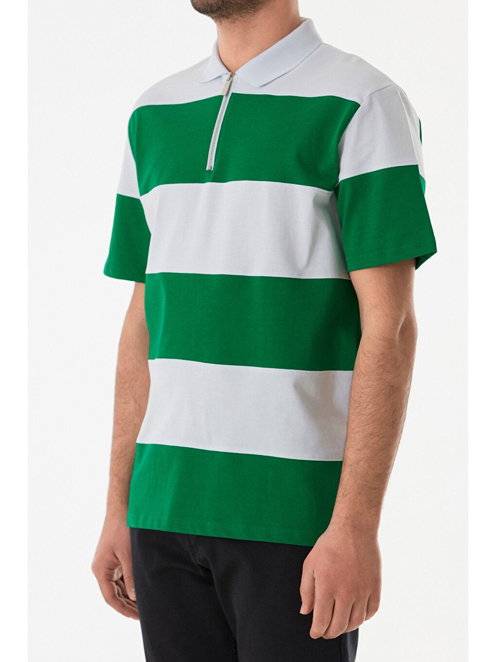 Yeşil Yarım Fermuarlı Polo Yaka Renk Bloklu Tişört-4