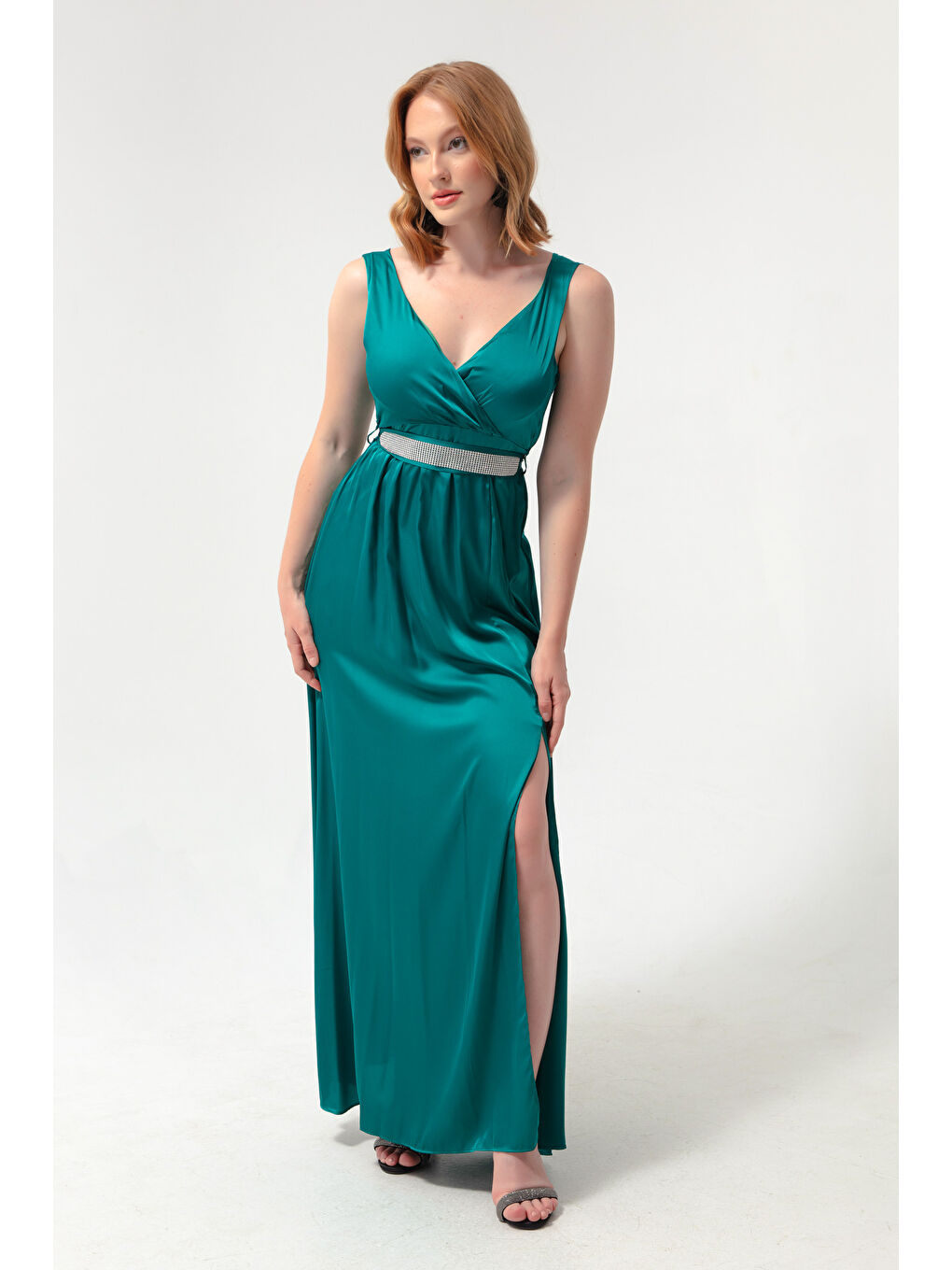 Kadın Yeşil Kruvaze Yaka Taşlı Kemerli Uzun Abiye Elbise-2