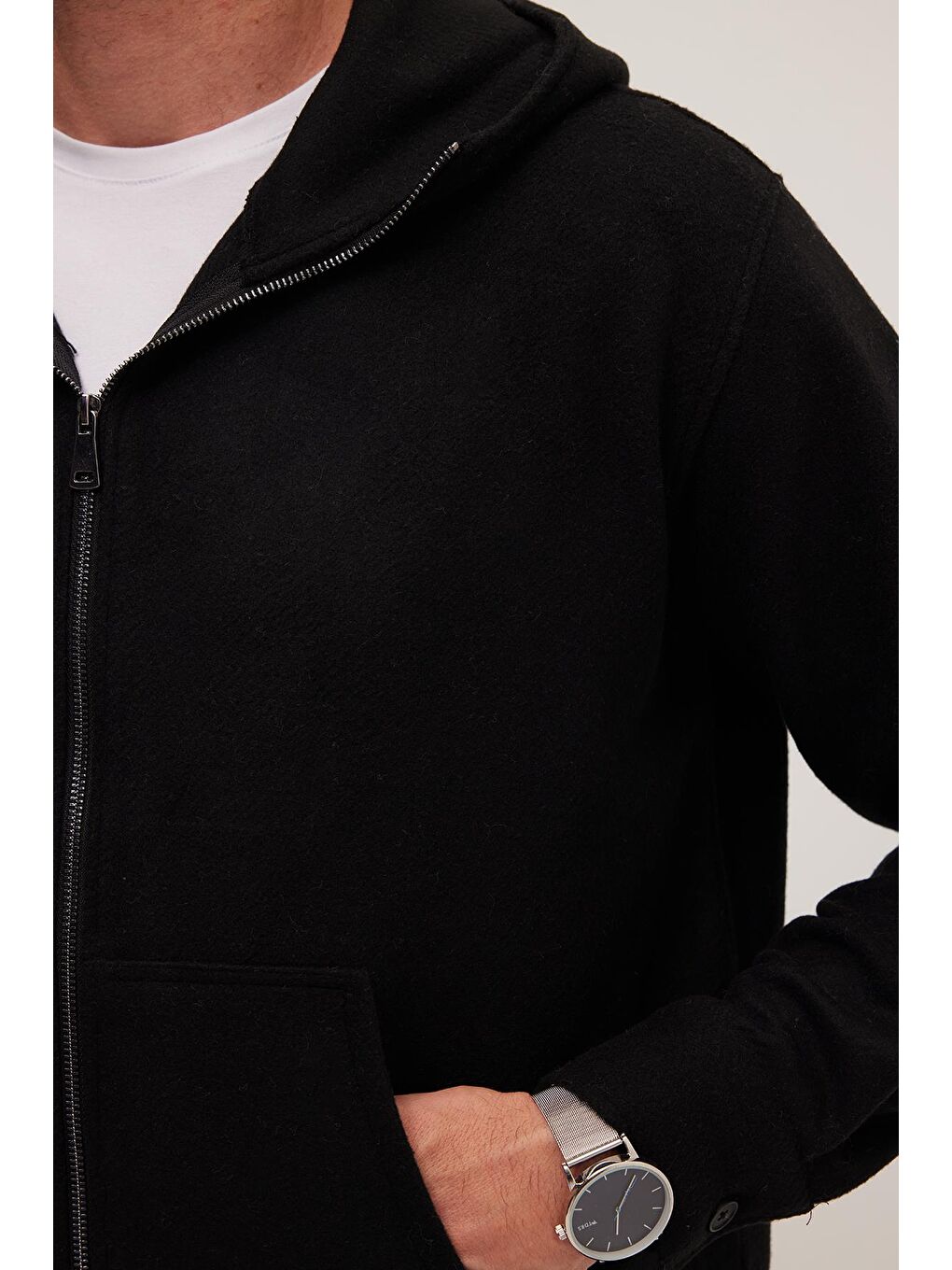 Erkek Relax Fit Rahat Kesim Fermuarlı Çift Cep Kapüşonlu Siyah Sweatshirt-1