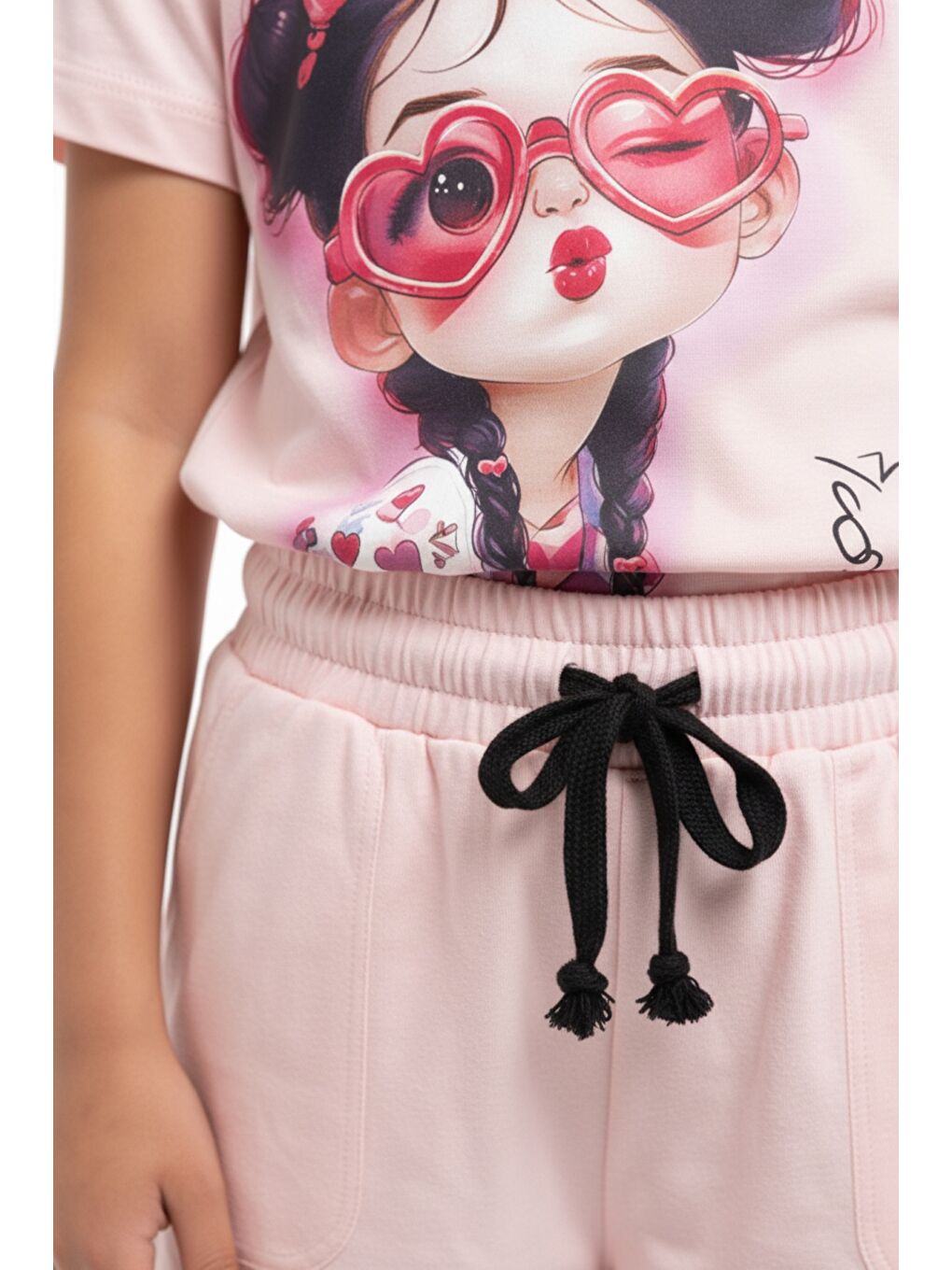 Pembe Kız Çocuk 2'li Şortlu Takım Bisiklet Yaka Kısa Kollu Baskılı Tişört - Beli Lastikli Bağlamalı Cepli-4