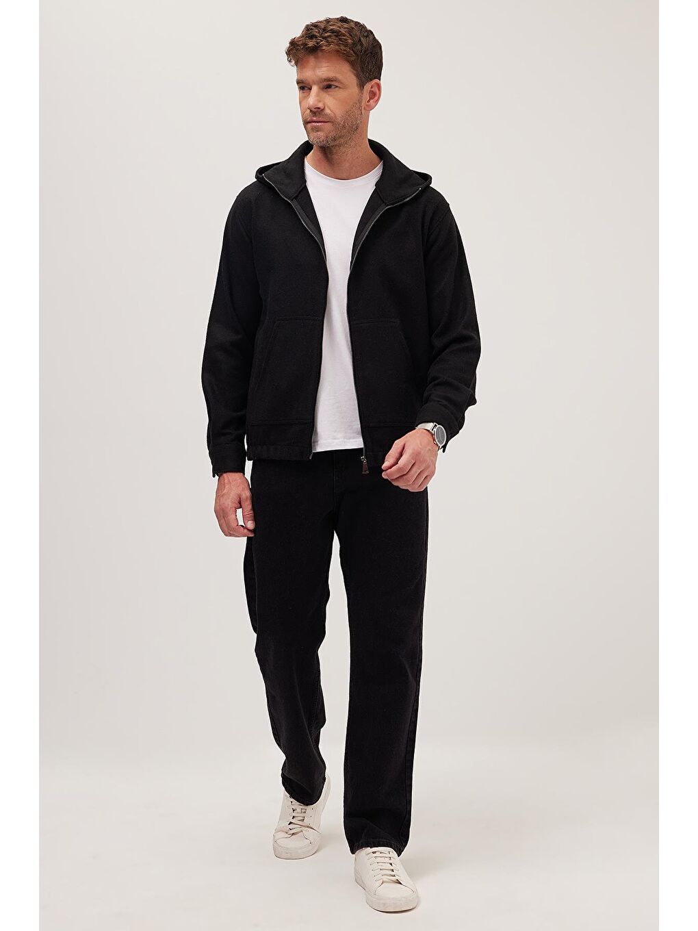 Erkek Relax Fit Rahat Kesim Fermuarlı Çift Cep Kapüşonlu Siyah Sweatshirt-2