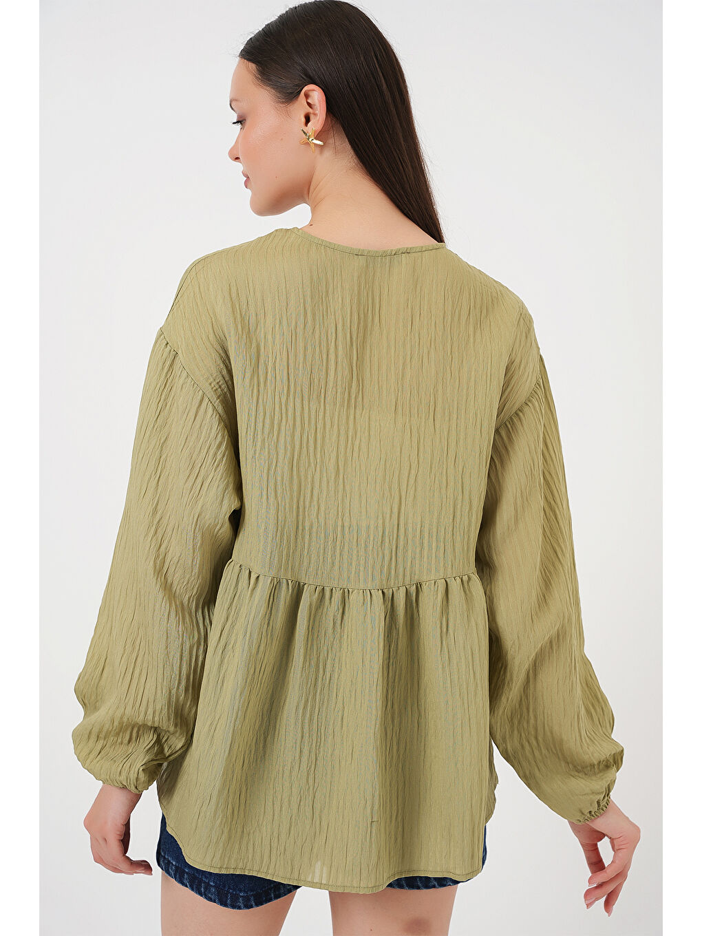 Yeşil Kadın Önü Bağcıklı Uzun Kol Bluz 946 - Çağla-5