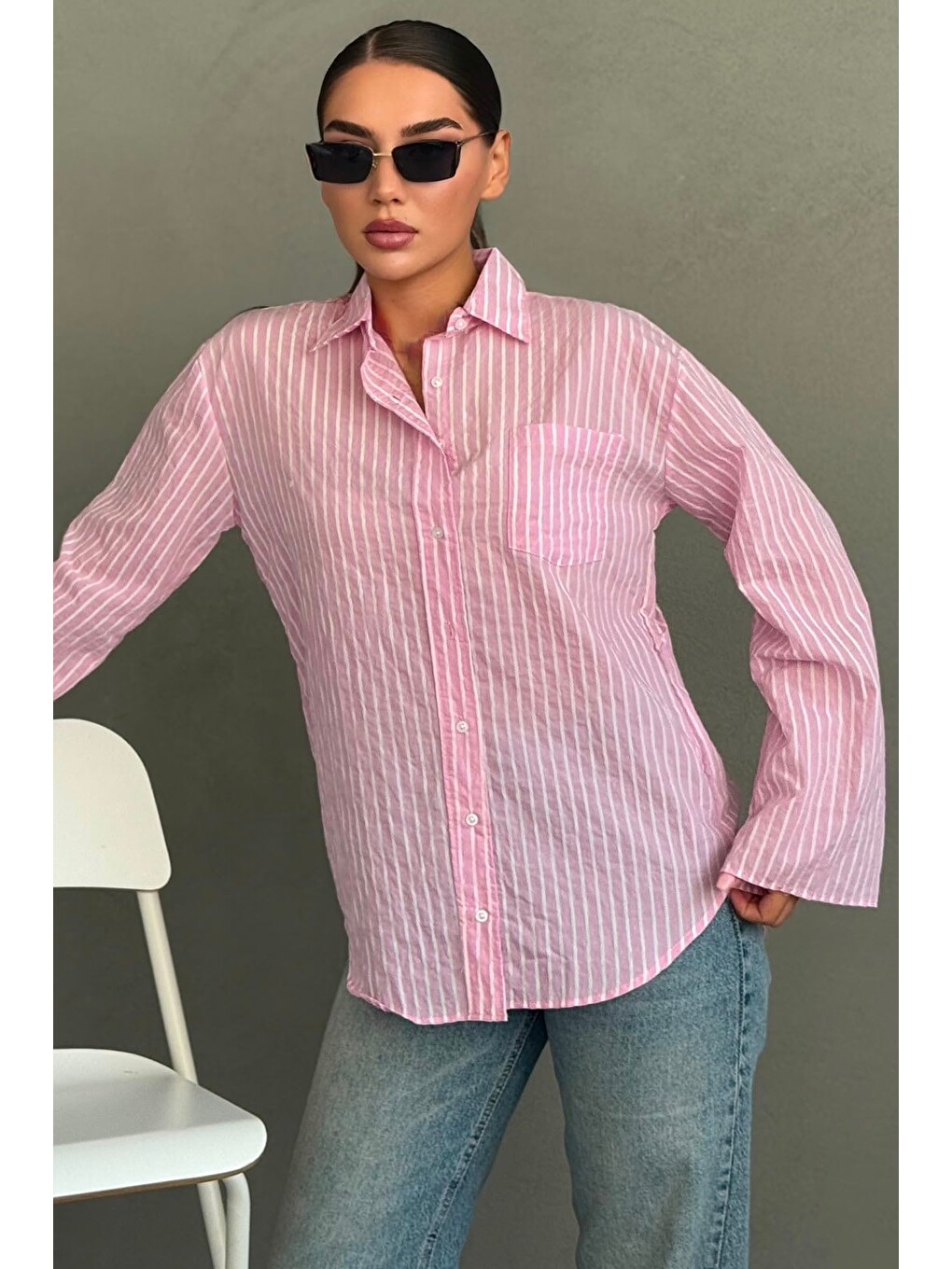 Pembe Çizgili Sendy Kumaş Kadın Gömlek Mg2834-1