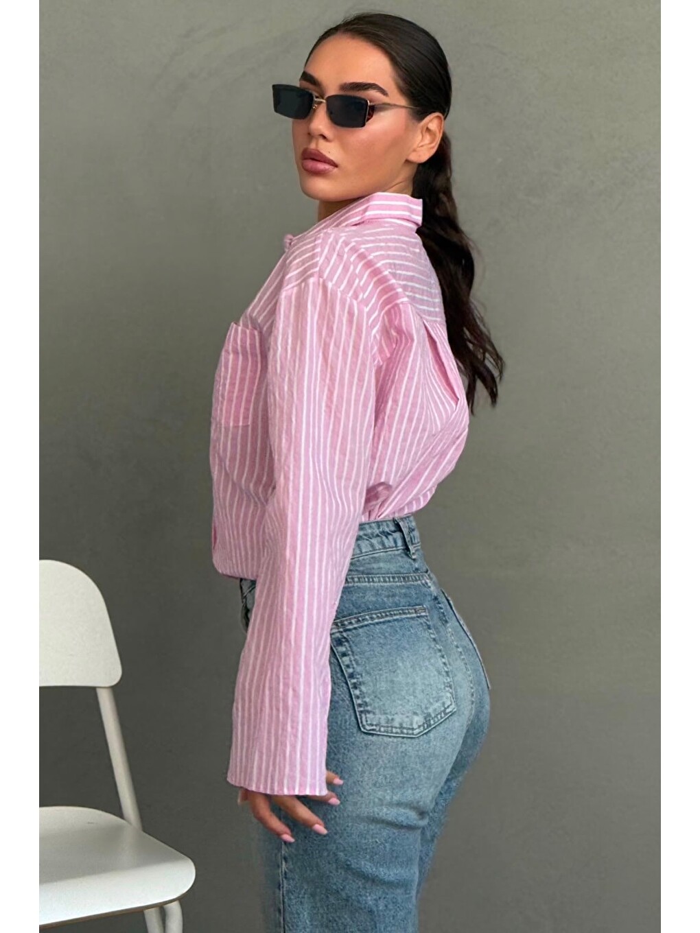 Pembe Çizgili Sendy Kumaş Kadın Gömlek Mg2834-2