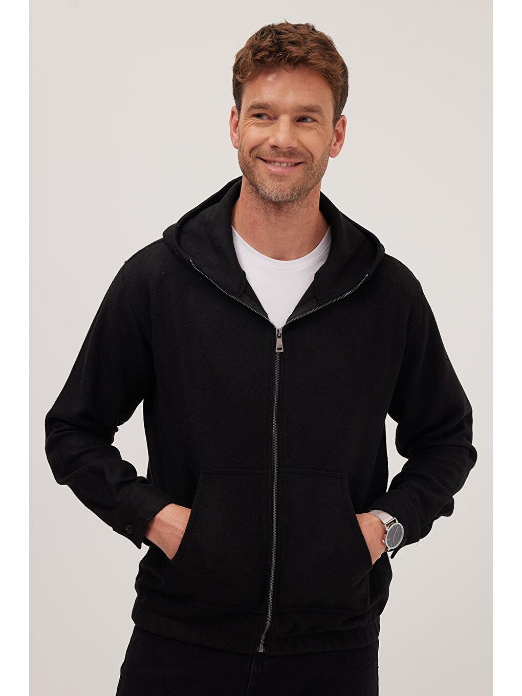 Erkek Relax Fit Rahat Kesim Fermuarlı Çift Cep Kapüşonlu Siyah Sweatshirt-3