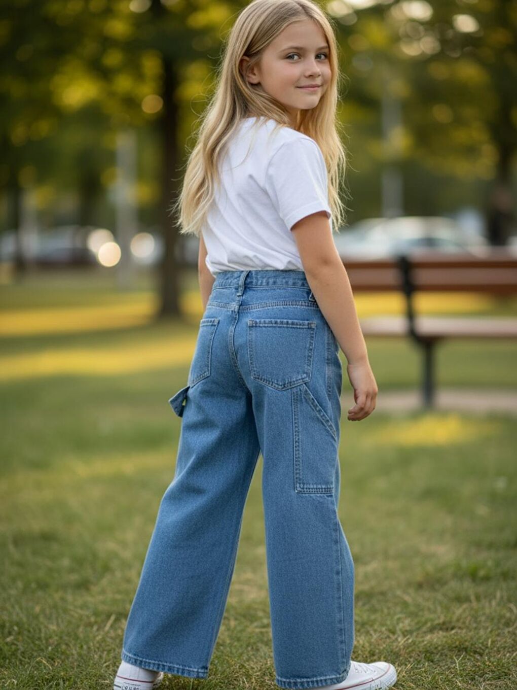 Mavi Kız Çocuk Baggy Fit Geniş Bol Paça Jean Pantolon-1