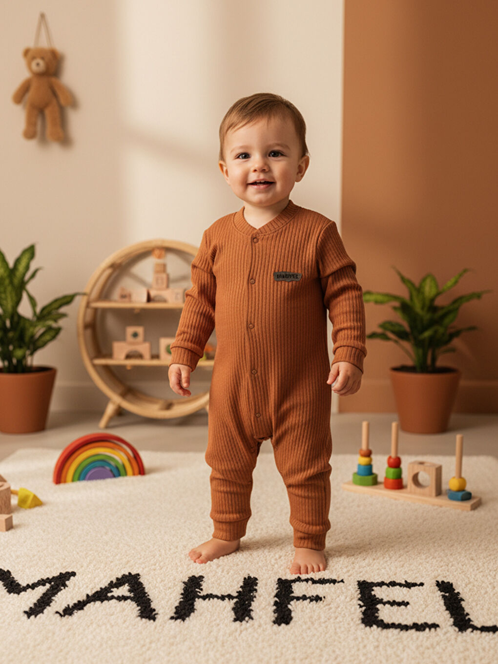 Kahverengi %100 Pamuklu Fitilli Bebek Tulum Salopet Çikolata