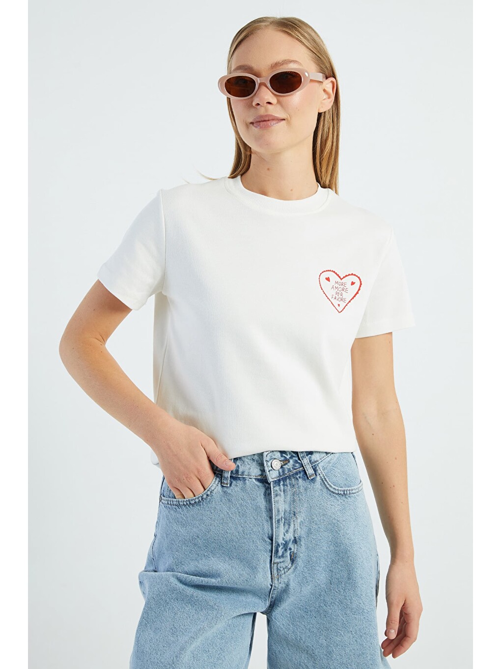 Ekru More Amore Per Favore Baskılı Tişört