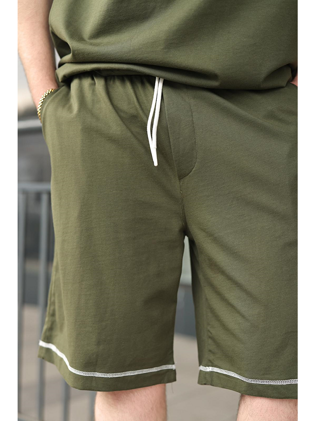 Haki Bisiklet Yaka Kolsuz Erkek Şort T-Shirt Takım E7351-4