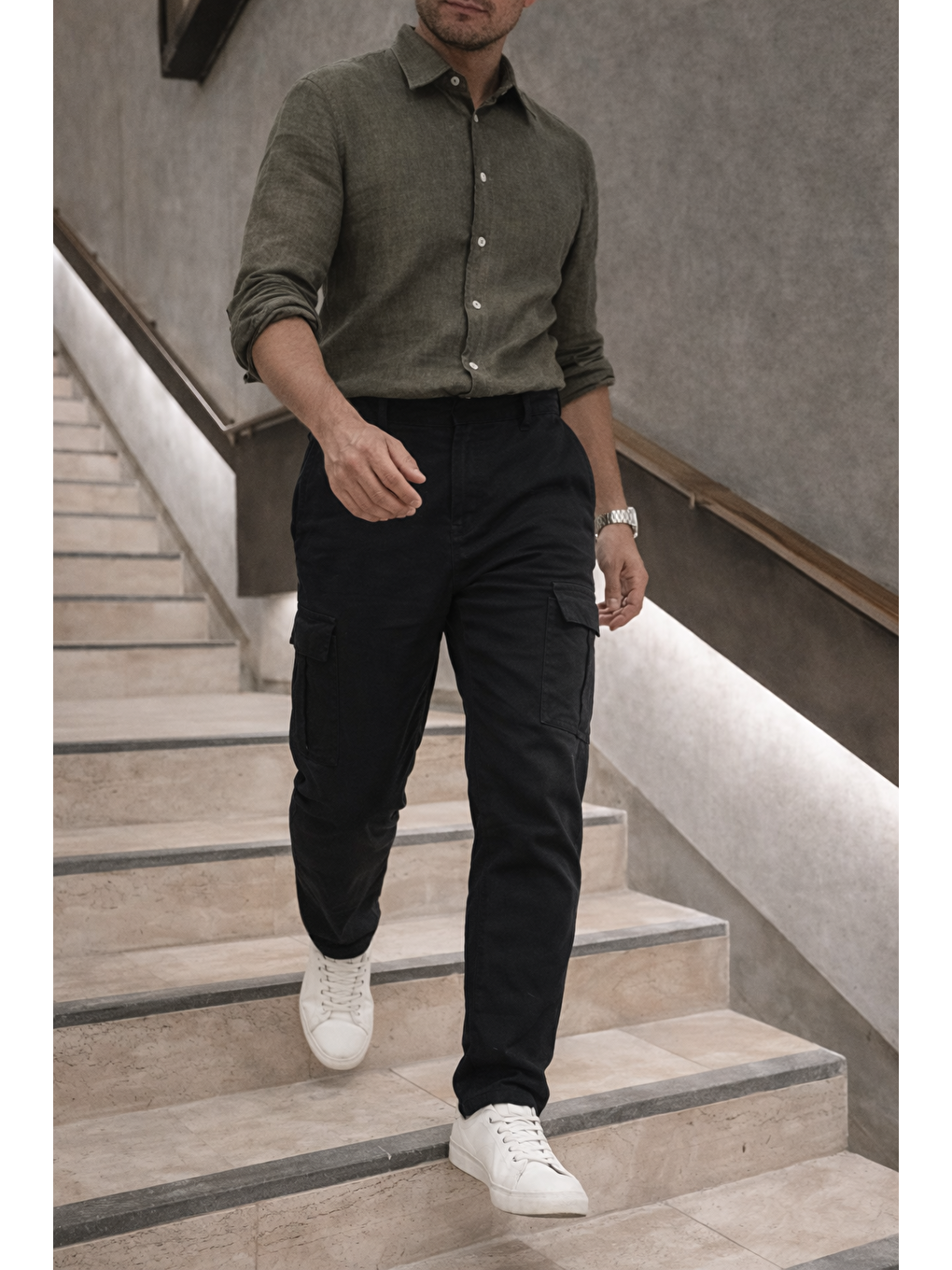 Erkek Yüksek Bel Bol Paça Siyah Kargo Baggy Pantolon-1