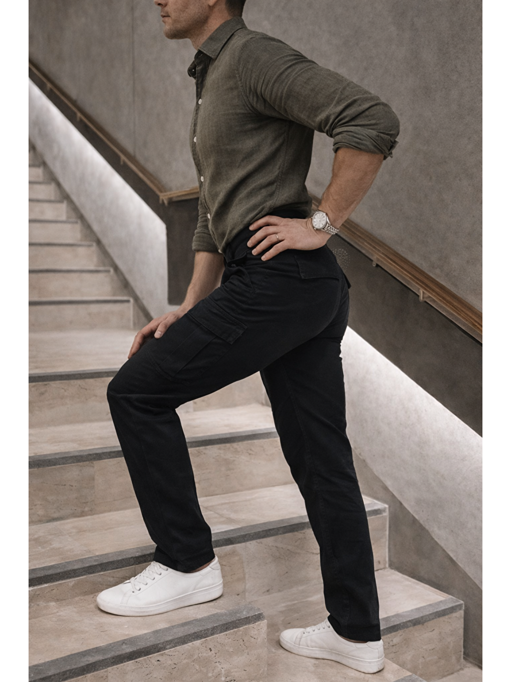 Erkek Yüksek Bel Bol Paça Siyah Kargo Baggy Pantolon-2