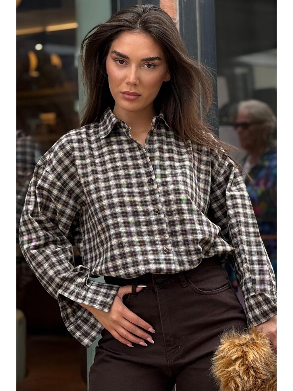 Kahverengi Camel Oversize Kareli Kadın Gömlek Mg2822