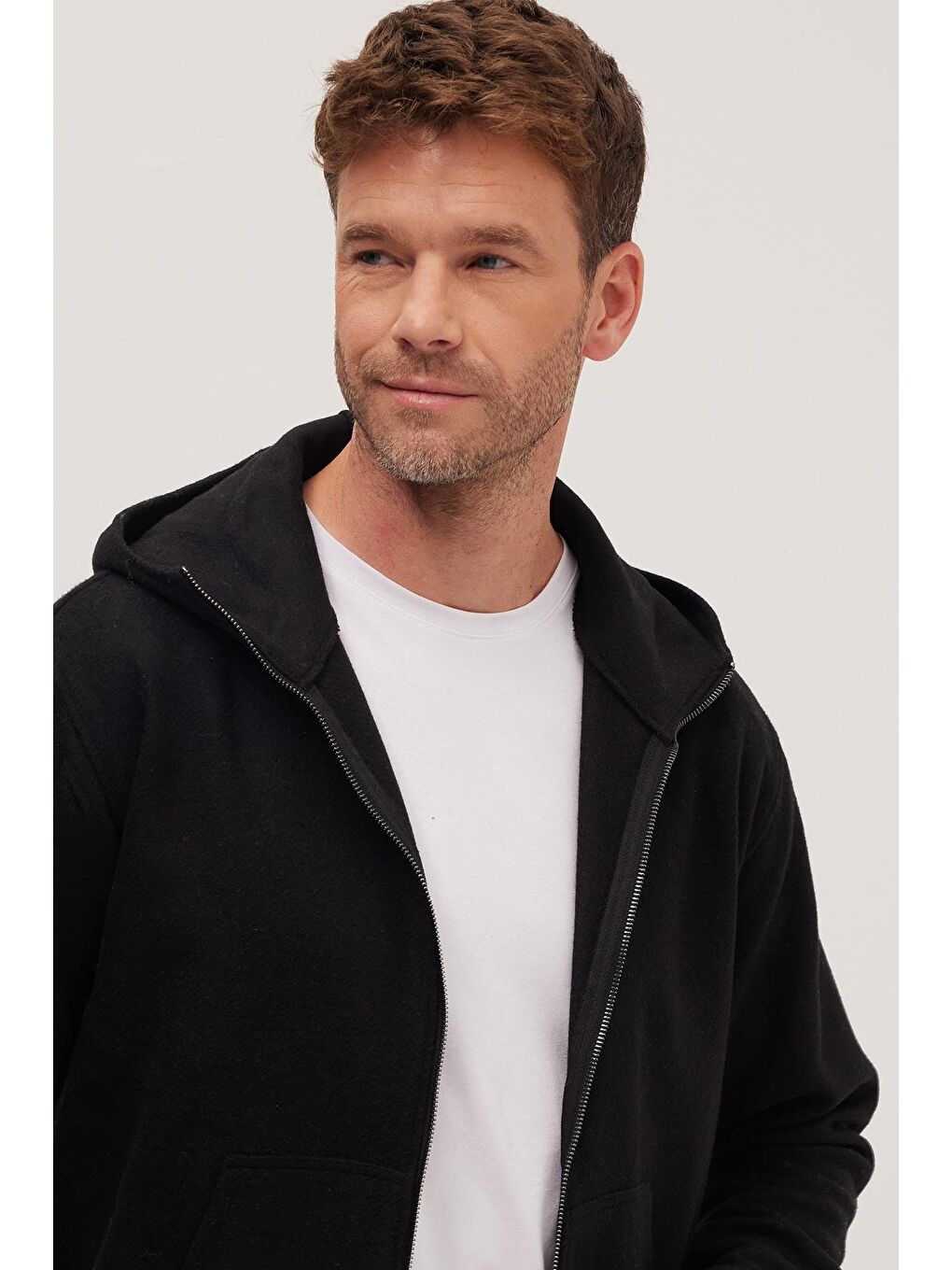 Erkek Relax Fit Rahat Kesim Fermuarlı Çift Cep Kapüşonlu Siyah Sweatshirt-6