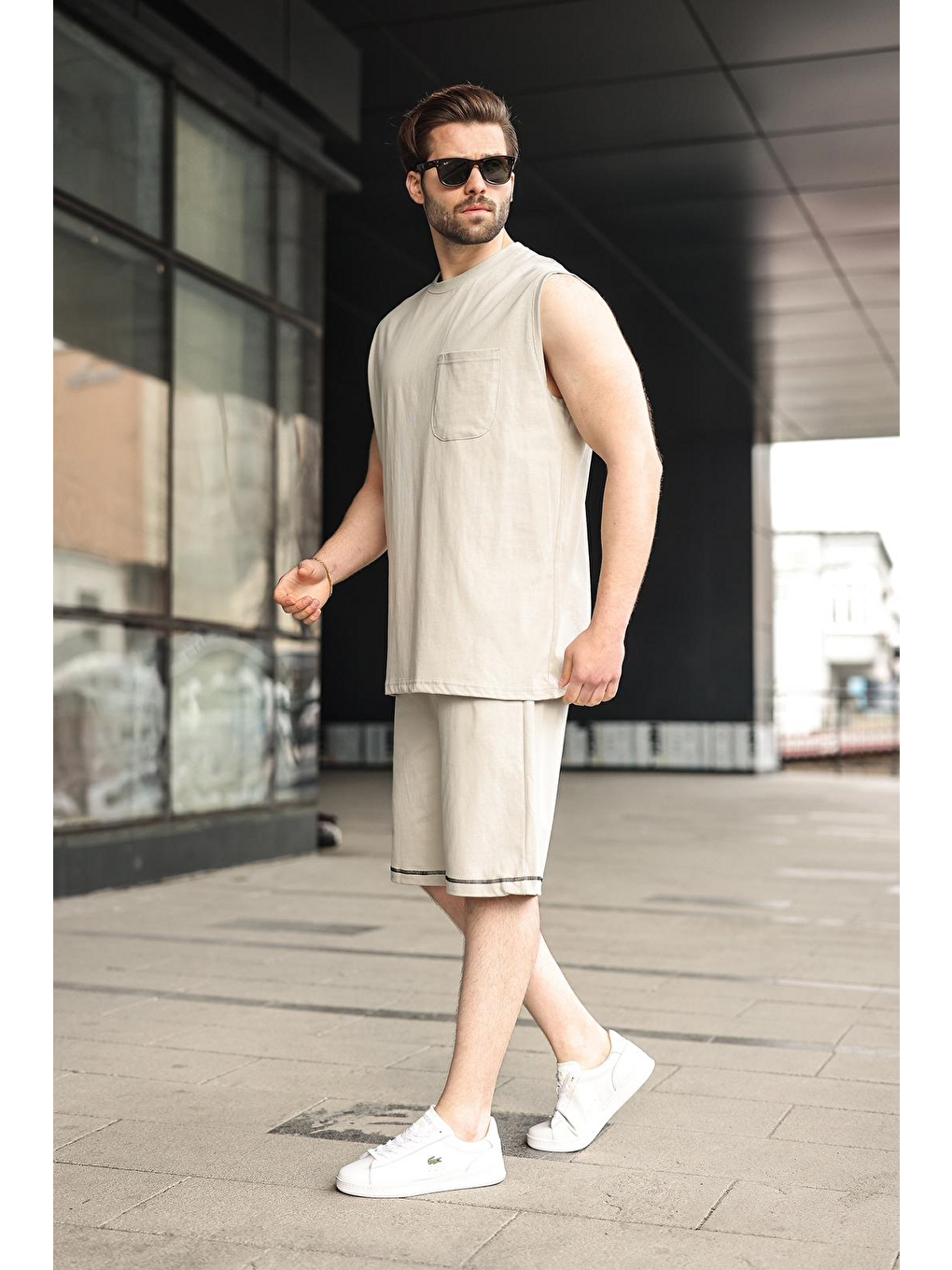 Boyalı Gri Bisiklet Yaka Kolsuz Erkek Şort T-Shirt Takım E7351-1